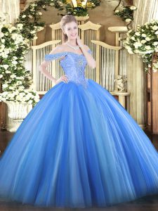 Off The Shoulder Sleeveless Quince Ball Gowns Floor Length Beading Baby Blue Tulle