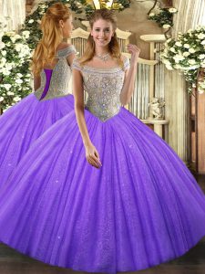 Off The Shoulder Sleeveless Ball Gown Prom Dress Floor Length Beading Lavender Tulle