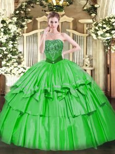 Pretty Green Ball Gowns Organza and Taffeta Strapless Sleeveless Beading and Ruffled Layers Floor Length Lace Up Sweet 16 Dress