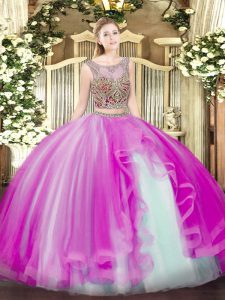 Fantastic Sleeveless Tulle Floor Length Lace Up Vestidos de Quinceanera in Fuchsia with Beading and Ruffles