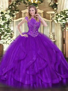 Tulle Sleeveless Floor Length Quinceanera Dress and Beading and Ruffles