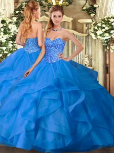 Chic Blue Sleeveless Floor Length Appliques and Ruffles Lace Up Sweet 16 Dresses