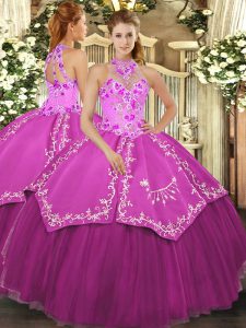 Fuchsia Lace Up Halter Top Beading and Embroidery Quinceanera Dresses Satin and Tulle Sleeveless