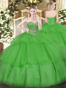 Luxury Sleeveless Floor Length Beading and Ruffled Layers Lace Up Sweet 16 Quinceanera Dress with Green