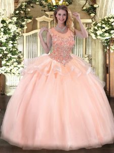 Peach Sleeveless Organza Zipper Quinceanera Gown for Military Ball and Sweet 16 and Quinceanera