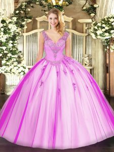Eye-catching Lilac Tulle Lace Up V-neck Sleeveless Floor Length Sweet 16 Dresses Beading