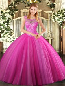 Noble Hot Pink Ball Gowns Beading 15th Birthday Dress Lace Up Tulle Sleeveless Floor Length