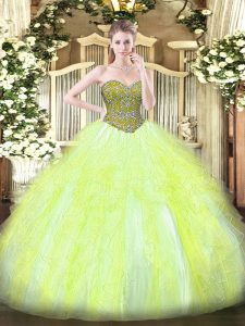 Yellow Green Lace Up Quinceanera Gown Beading and Ruffles Sleeveless Floor Length