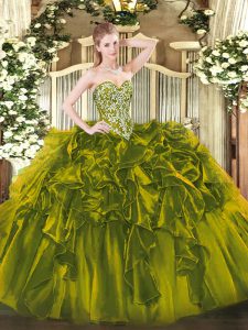 Gorgeous Olive Green Ball Gowns Organza Sweetheart Sleeveless Beading and Ruffles Floor Length Lace Up Quinceanera Dress