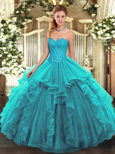 Sweetheart Sleeveless Tulle Quinceanera Gown Beading and Ruffles Lace Up