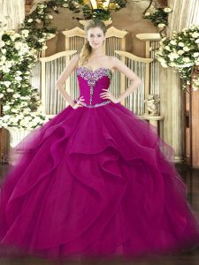 Luxury Tulle Sweetheart Sleeveless Lace Up Beading and Ruffles Quinceanera Dress in Fuchsia