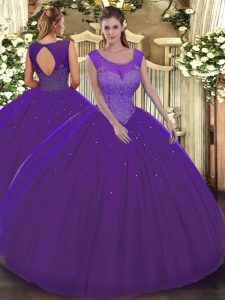 Sleeveless Floor Length Beading Backless Vestidos de Quinceanera with Purple