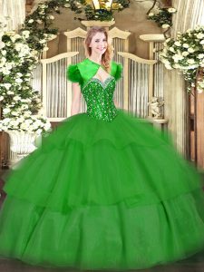 Green Ball Gowns Sweetheart Sleeveless Tulle Floor Length Lace Up Beading and Ruffled Layers Sweet 16 Dresses