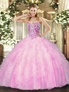 Ball Gowns Quince Ball Gowns Rose Pink Sweetheart Tulle Sleeveless Floor Length Lace Up