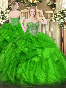 Green Sweetheart Lace Up Beading and Ruffles Quinceanera Dresses Sleeveless