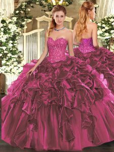 Discount Burgundy Sweetheart Lace Up Beading and Ruffles Quinceanera Dress Sleeveless