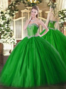 Sophisticated Sleeveless Tulle Floor Length Lace Up Quinceanera Dress in Green with Beading
