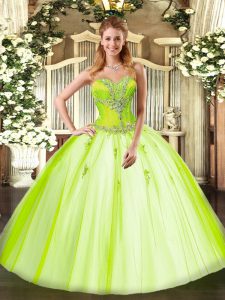 Glorious Yellow Green Lace Up Sweetheart Beading Sweet 16 Dresses Tulle Sleeveless
