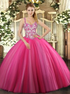 Ideal Hot Pink Ball Gowns Straps Sleeveless Tulle Floor Length Lace Up Beading Ball Gown Prom Dress