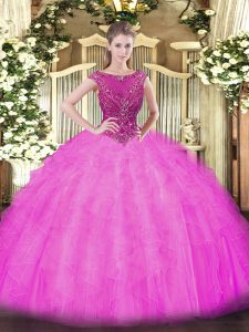 Wonderful Tulle Scoop Sleeveless Zipper Beading and Ruffles Quinceanera Dresses in Lilac
