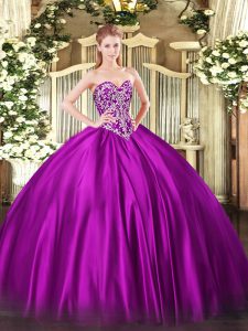 Graceful Sleeveless Floor Length Beading Lace Up Quinceanera Gowns with Fuchsia
