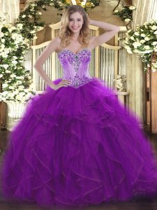 Organza Sweetheart Sleeveless Lace Up Beading and Ruffles Quinceanera Dresses in Eggplant Purple