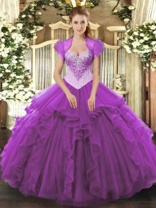 Dramatic Eggplant Purple Sleeveless Tulle Lace Up Vestidos de Quinceanera for Military Ball and Sweet 16 and Quinceanera