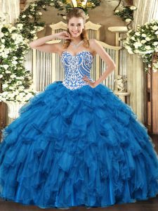 Luxury Beading and Ruffles Ball Gown Prom Dress Blue Lace Up Sleeveless Floor Length
