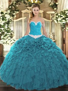 Stylish Teal Ball Gowns Sweetheart Sleeveless Organza Floor Length Lace Up Appliques and Ruffles Quinceanera Gowns