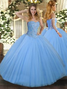 Discount Sleeveless Floor Length Beading Lace Up Sweet 16 Dress with Aqua Blue