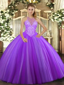 Lavender Ball Gowns High-neck Sleeveless Tulle Floor Length Lace Up Beading Quinceanera Dresses