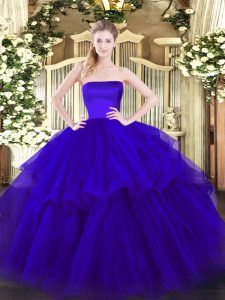 Clearance Blue Sleeveless Brush Train Ruffled Layers 15th Birthday Dress