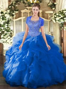 Trendy Blue Sleeveless Tulle Clasp Handle Quince Ball Gowns for Military Ball and Sweet 16 and Quinceanera
