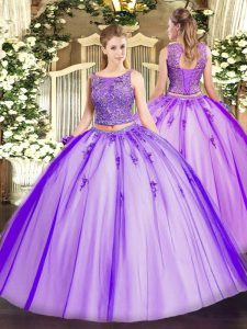 Free and Easy Lavender Tulle Lace Up Quinceanera Dresses Sleeveless Floor Length Beading and Appliques