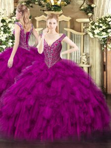 Enchanting Fuchsia V-neck Neckline Beading and Ruffles Ball Gown Prom Dress Sleeveless Lace Up