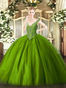 High Quality Floor Length Green Sweet 16 Dresses V-neck Sleeveless Lace Up