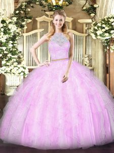 Gorgeous Lilac Tulle Zipper 15 Quinceanera Dress Sleeveless Floor Length Lace and Ruffles