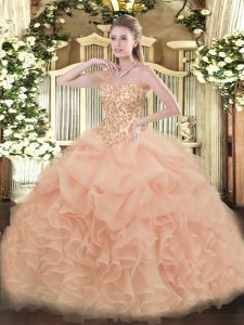 Custom Fit Sleeveless Organza Floor Length Lace Up 15 Quinceanera Dress in Peach with Appliques and Ruffles and Pick Ups