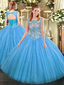 Popular Sleeveless Tulle Floor Length Lace Up Ball Gown Prom Dress in Baby Blue with Beading