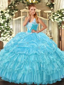 Traditional Aqua Blue Sleeveless Floor Length Beading and Ruffled Layers and Pick Ups Lace Up Quince Ball Gowns