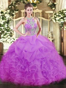 Beading and Ruffles Quinceanera Gown Lilac Lace Up Sleeveless Floor Length