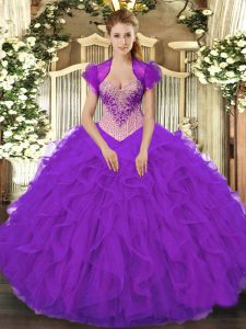 V-neck Sleeveless Quince Ball Gowns Floor Length Beading and Ruffles Purple Organza