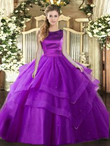 Sumptuous Eggplant Purple Ball Gowns Scoop Sleeveless Tulle Floor Length Lace Up Ruffled Layers Quince Ball Gowns