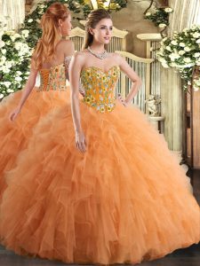 Pretty Orange Lace Up Sweetheart Embroidery and Ruffles Sweet 16 Dresses Tulle Sleeveless