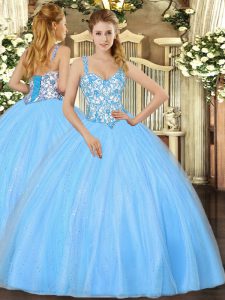 Beading and Appliques Quinceanera Dresses Baby Blue Lace Up Sleeveless Floor Length