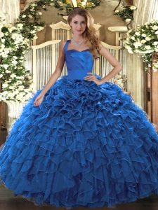 Floor Length Blue 15th Birthday Dress Halter Top Sleeveless Lace Up