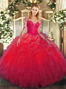 Trendy Red Lace Up Quinceanera Gowns Lace and Ruffles Long Sleeves Floor Length