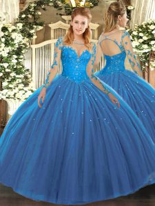 Teal Long Sleeves Lace Floor Length 15 Quinceanera Dress