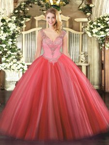 Edgy Coral Red Quinceanera Dresses Military Ball and Sweet 16 and Quinceanera with Beading V-neck Sleeveless Lace Up