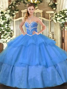 Blue Ball Gowns Beading and Ruffled Layers Sweet 16 Dress Lace Up Tulle Sleeveless Floor Length